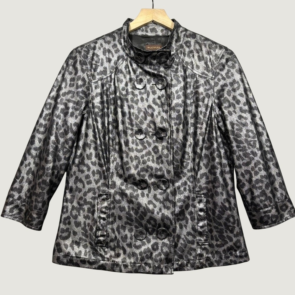 Multiples Jacket Womens M Metallic Leopard Print Satin 3/4 Sleeve Statement